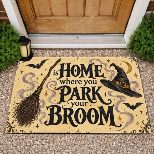 Witch Hat Broom And Bat Halloween Welcome Saying For A Cozy Witchy Home Entrance Doormat