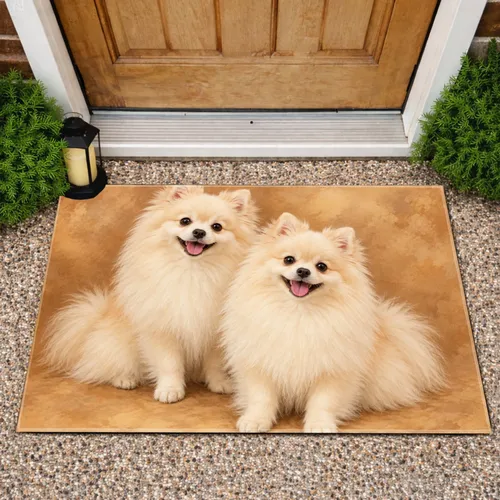 Two Cream Pomeranian Dogs for Cozy Pet-Loving Homes and Holiday Gifting All Year Doormat