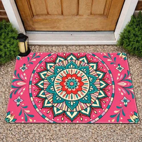 Vibrant Teal And Coral Mandala For Colorful Bohemian Entryway Home Decor Doormat