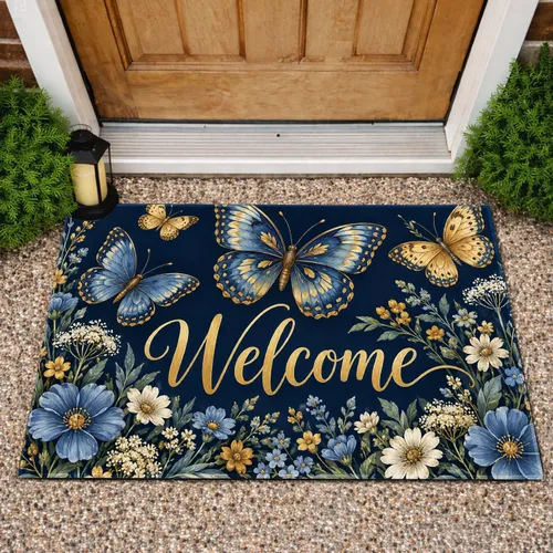 Blue and Gold Butterflies with Wildflowers for Welcoming Spring Homes and Garden Lovers Doormat