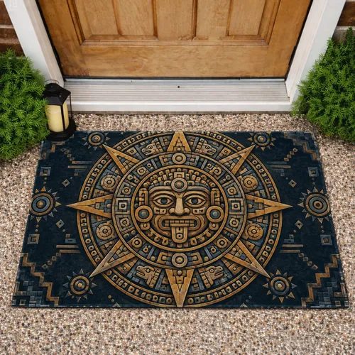 Mesoamerican Sun Calendar Medallion for Adventurous Entryway Decor and History Lovers Doormat