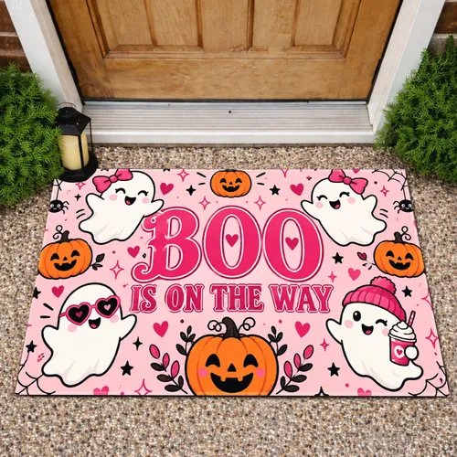 Pink Halloween Ghosts and Smiling Pumpkins for a Cute Spooky Seasonal Home Entryway Doormat