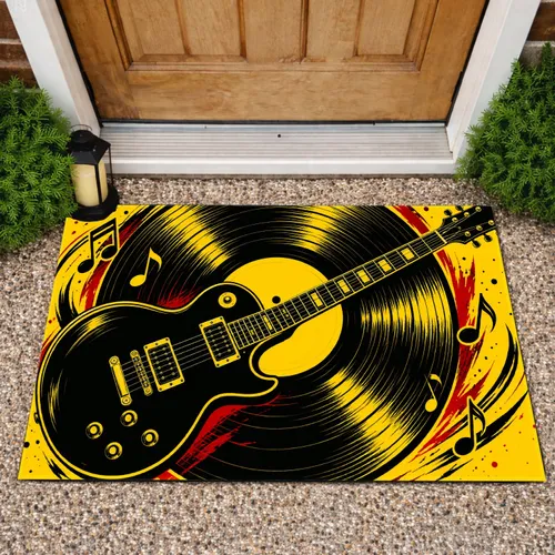 Golden Vinyl Record And Guitar Rock And Roll Music Gift For Classic Music Fans Doormat