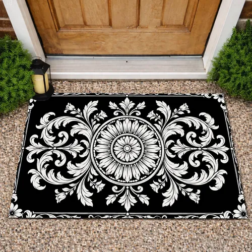 Black And White Baroque Floral Medallion For Elegant Entryway And Classic Home Style Doormat
