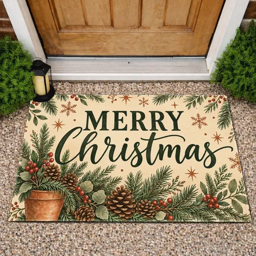 Merry Christmas Evergreen Sprigs for Cozy Holiday Entryways and Seasonal Home Styling Doormat