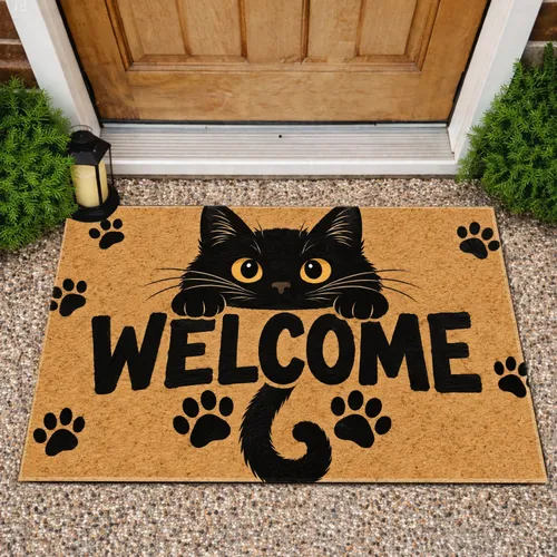 Black Cat Welcome Paw Prints for a Cozy Cat Lover Home Entrance and Pet-Friendly Living Doormat