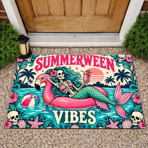 Skeleton Mermaid Summerween Vibes for Spooky Summer Poolside Seasonal Home Decor Doormat