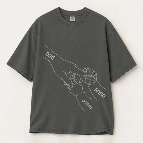 Personalized Bootleg Tee – Custom Dad & Kids Names, Line Art Holding Hands Father's Day Gift
