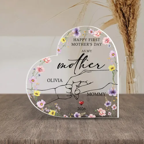 Personalized Happy First Mother's Day Heart Plaque – Custom Baby Name & Year Acrylic Keepsake for New Mom, Gift for Her