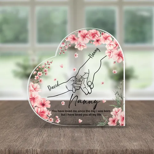 Personalized Nanny Holding Hands Heart Plaque – Custom Grandkid Name Pink Blossom Acrylic Keepsake, Christmas Gift