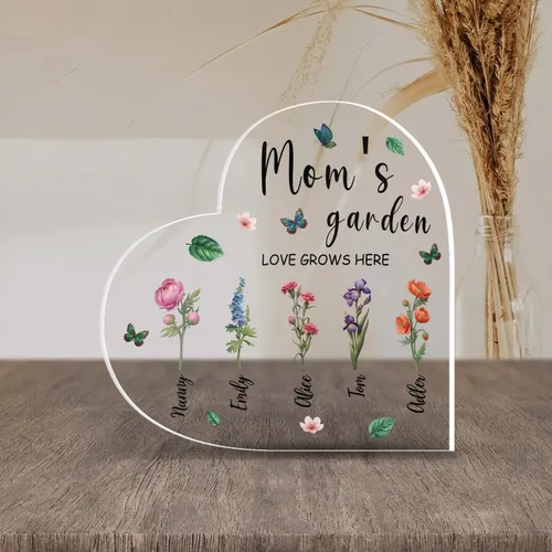 Personalized Mom's Garden Birth Flower Heart Plaque – Custom Kids Names Acrylic Keepsake, Christmas Gift for Mom
