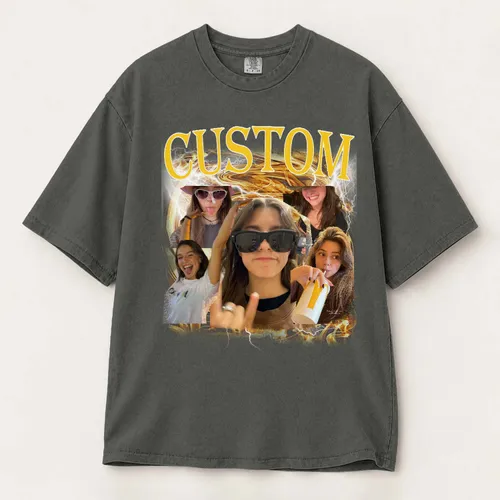 Personalized Bootleg Tee - Custom Name & Photo Collage, Chrome Swirl Lightning Birthday Gift