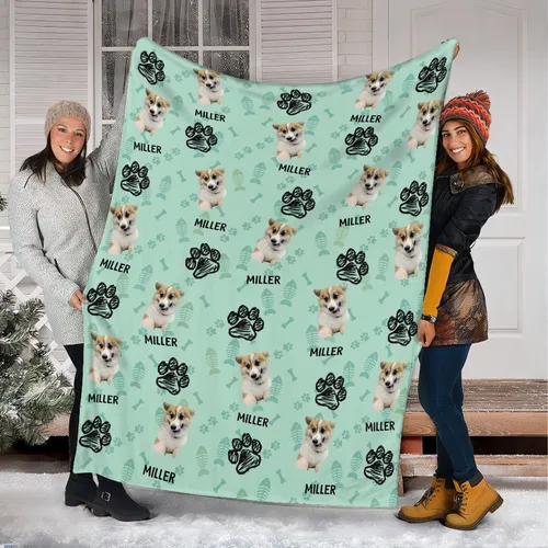 Personalized Pet Photo Blanket – Custom Dog Cat Photos & Names, 1 to 5 Pets, Paw Print Pattern Dog Mom Cat Lover Gift