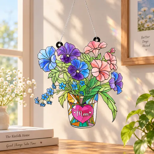 Personalized Flower Vase Ornament – Custom Mom Heart Name Petunia Bouquet Acrylic Decor, Christmas Gift for Mother